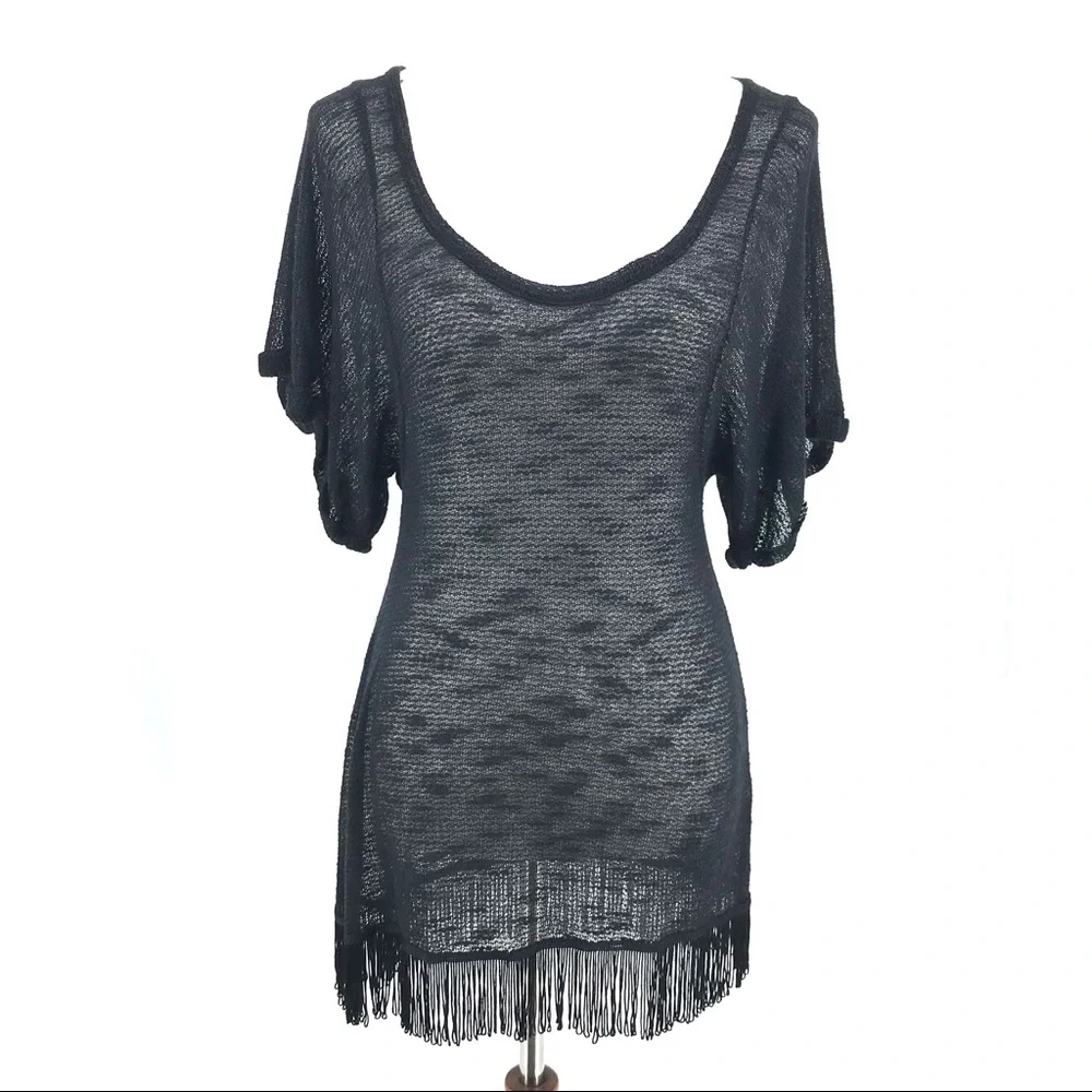 Free People Black Knit Fringe Short Sleeve Top - Picture 1 of 7